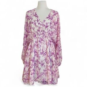 White and purple floral mini dress with V-neckline and long sleeves